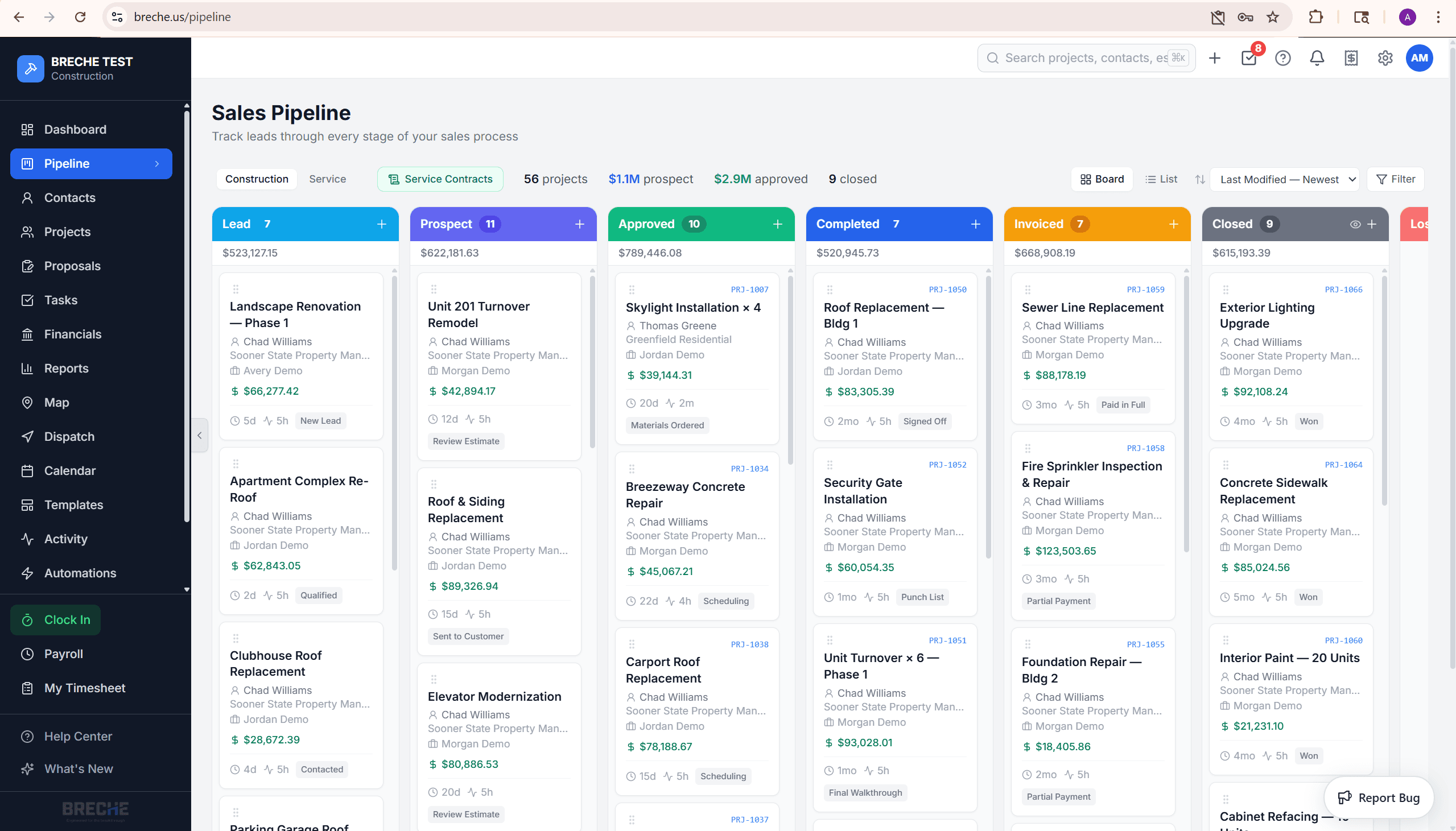 Breche sales pipeline kanban board with construction project cards across Lead, Prospect, Approved, Completed, Invoiced, and Closed columns