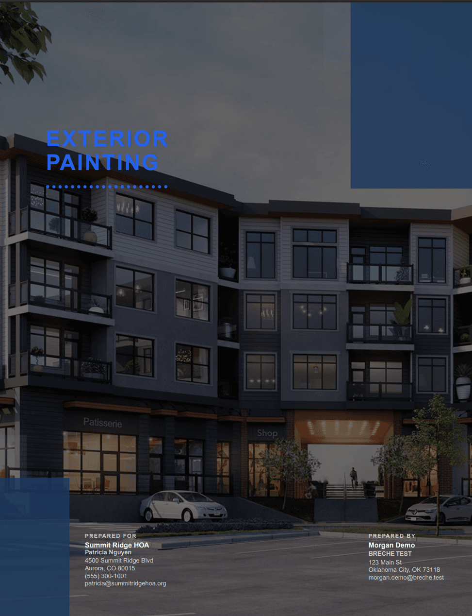 Breche proposal cover page for an Exterior Painting project at Summit Ridge HOA, with a full-bleed apartment building photo and prepared-by/prepared-for blocks